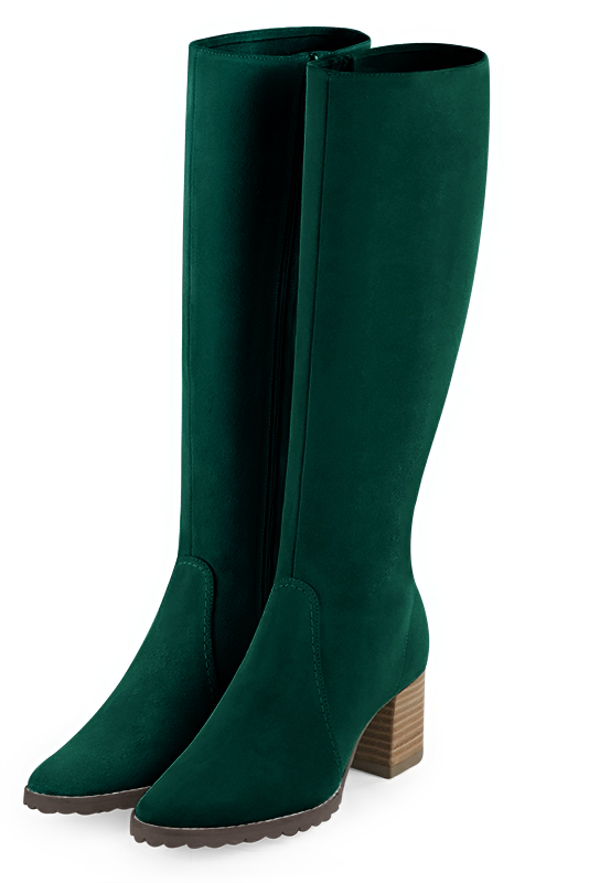 Forest green women's riding knee-high boots. Round toe. Medium block heels. Made to measure. Front view - Florence KOOIJMAN